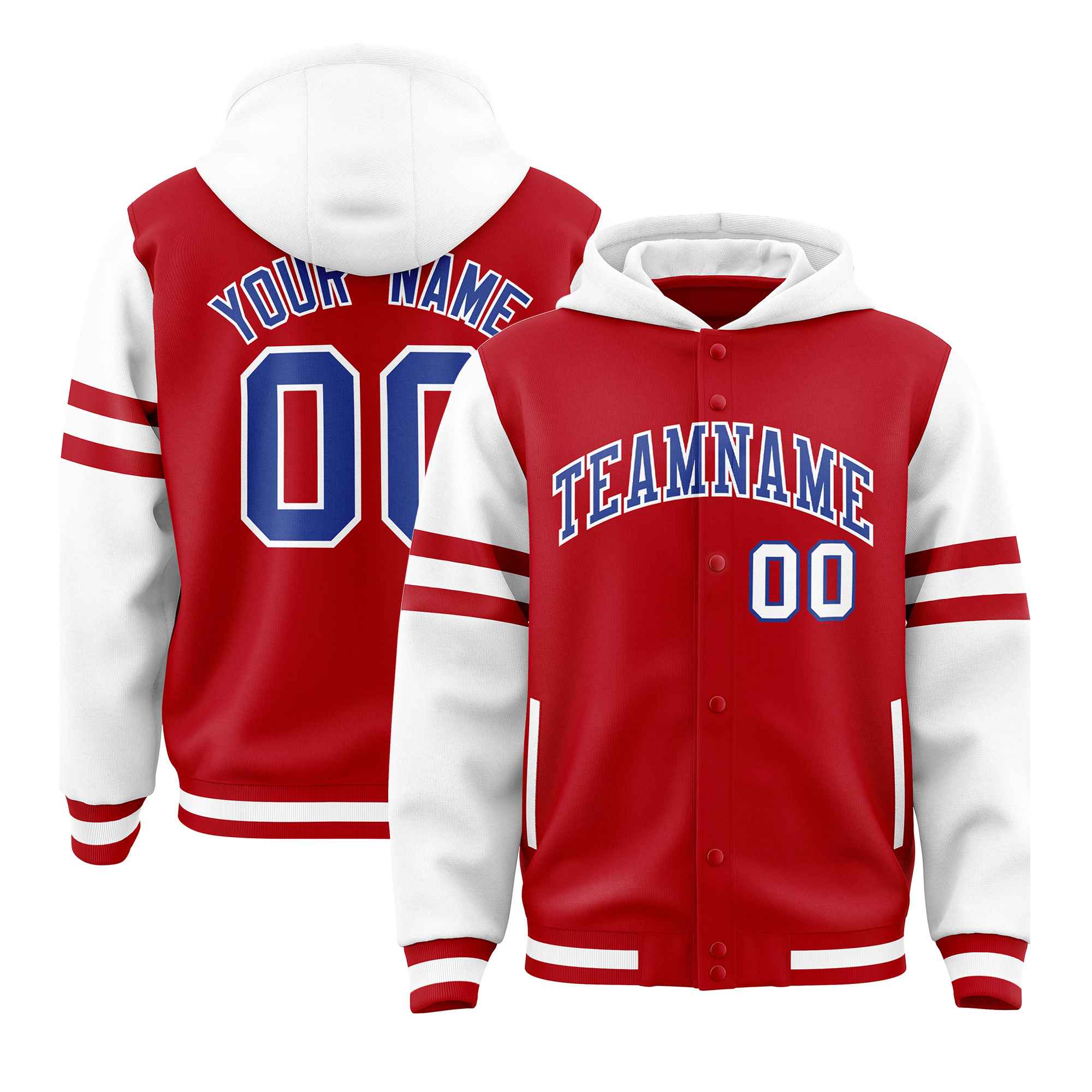 Custom Red White Raglan Sleeves Varsity Full-Snap Letterman Three Stripes Hoodie Jacket