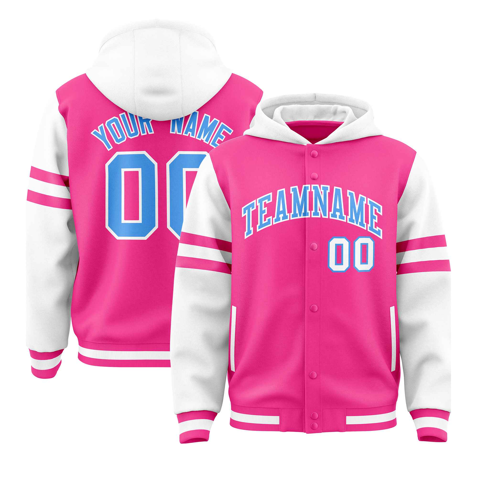 Custom Pink White Raglan Sleeves Varsity Full-Snap Letterman Three Stripes Hoodie Jacket