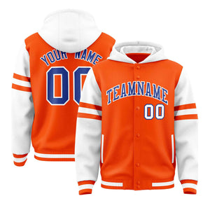 Custom Orange White Raglan Sleeves Varsity Full-Snap Letterman Three Stripes Hoodie Jacket