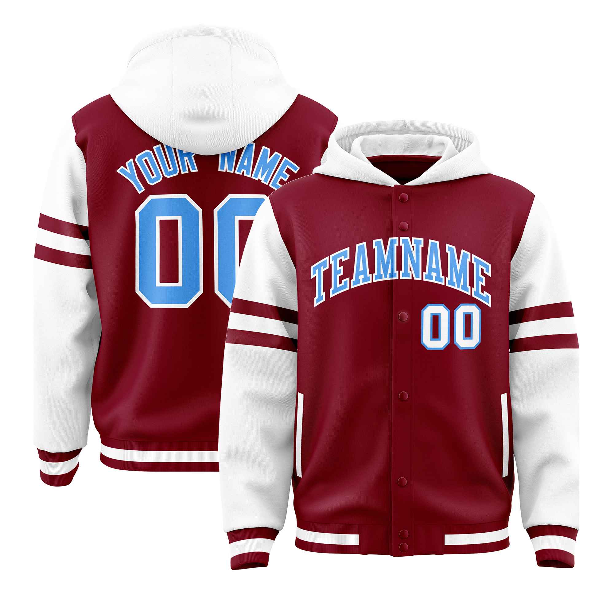 Custom Crimson White Raglan Sleeves Varsity Full-Snap Letterman Three Stripes Hoodie Jacket