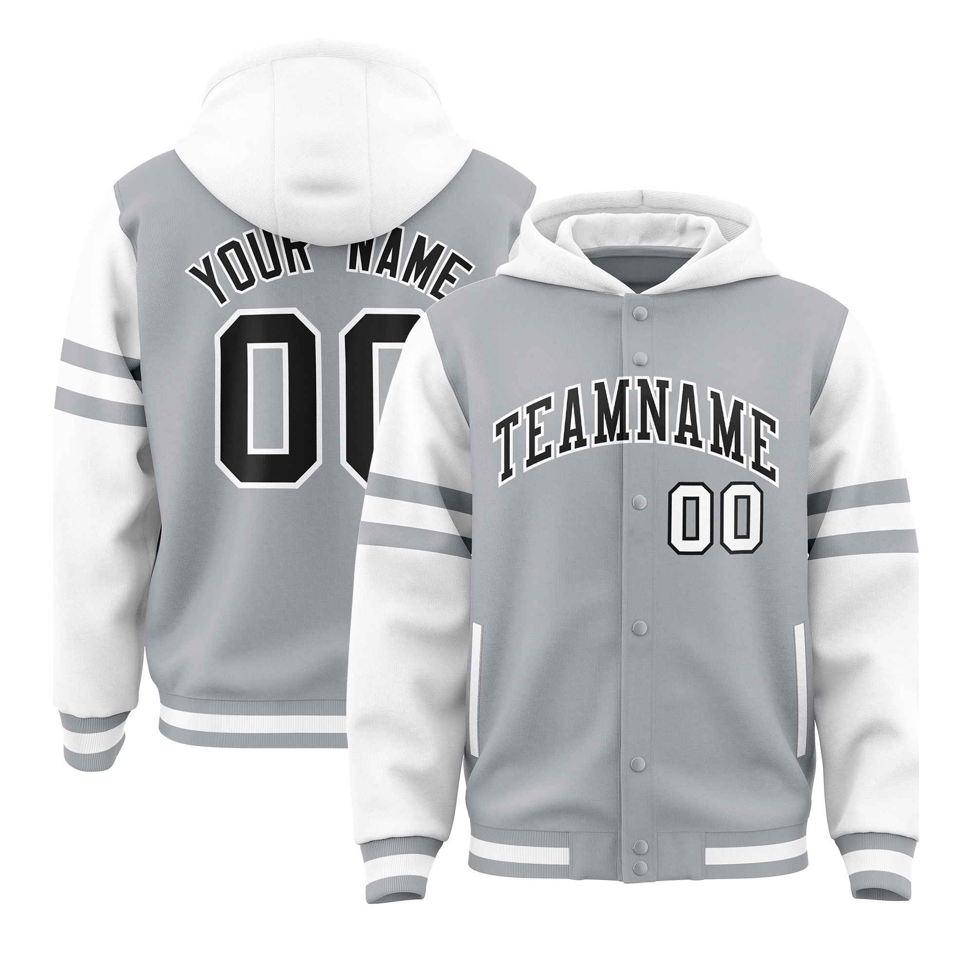 Custom Silver White Raglan Sleeves Varsity Full-Snap Letterman Three Stripes Hoodie Jacket