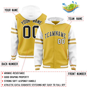 Custom Old Gold White Raglan Sleeves Varsity Full-Snap Letterman Three Stripes Hoodie Jacket