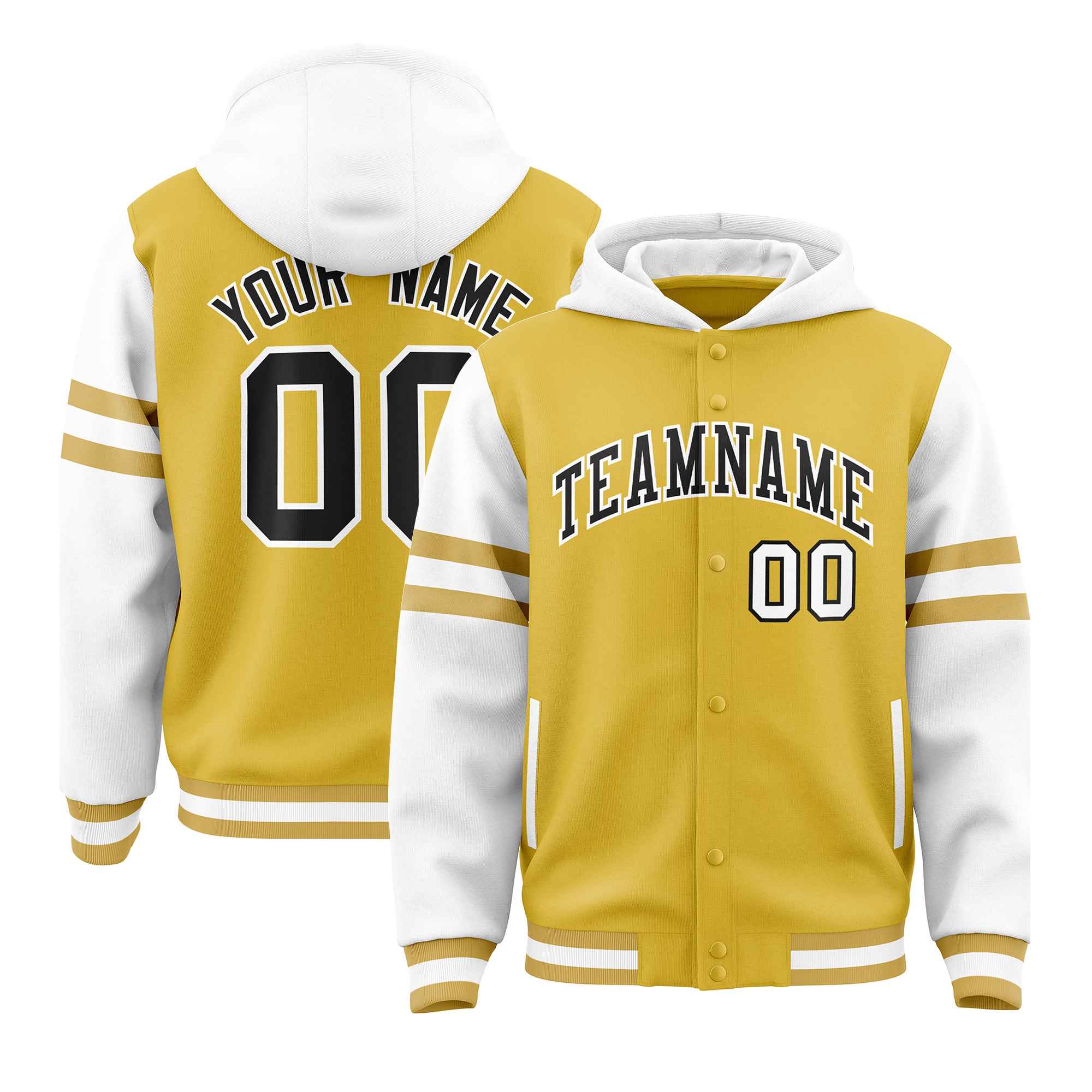 Custom Old Gold White Raglan Sleeves Varsity Full-Snap Letterman Three Stripes Hoodie Jacket