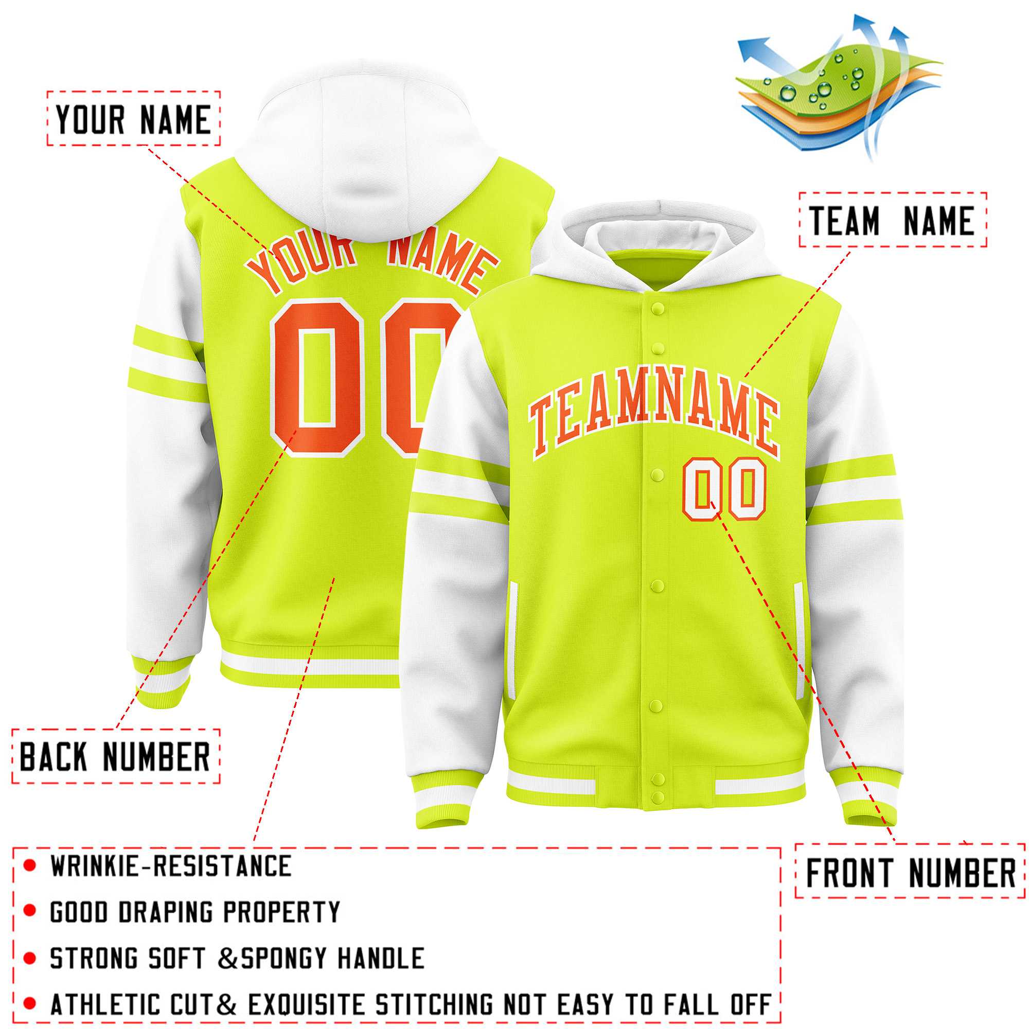 Custom Fluorescent Green White Raglan Sleeves Varsity Full-Snap Letterman Three Stripes Hoodie Jacket