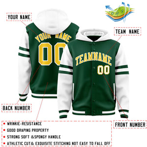 Custom Green White Raglan Sleeves Varsity Full-Snap Letterman Three Stripes Hoodie Jacket