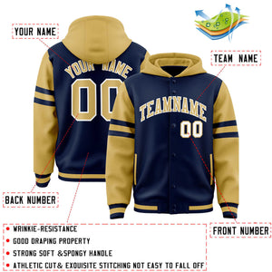 Custom Navy Old Gold Raglan Sleeves Varsity Full-Snap Letterman Three Stripes Hoodie Jacket