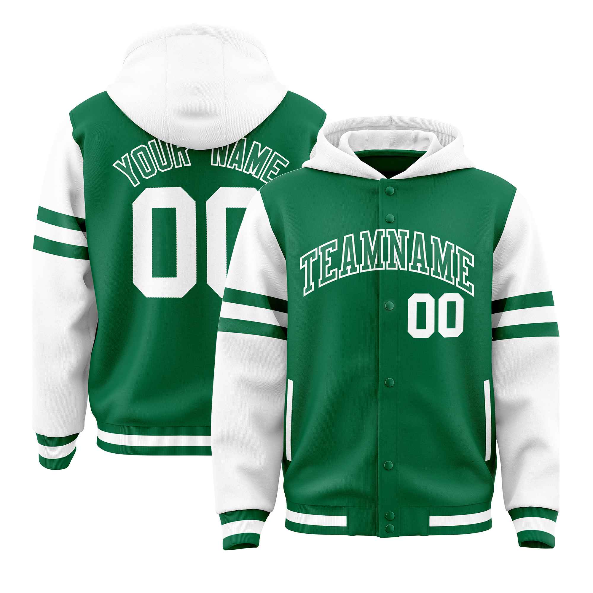 Custom Kelly Green White Raglan Sleeves Varsity Full-Snap Letterman Three Stripes Hoodie Jacket