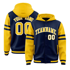 Custom Navy Gold Raglan Sleeves Varsity Full-Snap Letterman Three Stripes Hoodie Jacket