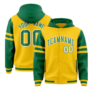 Custom Gold Kelly Green Raglan Sleeves Varsity Full-Snap Letterman Three Stripes Hoodie Jacket