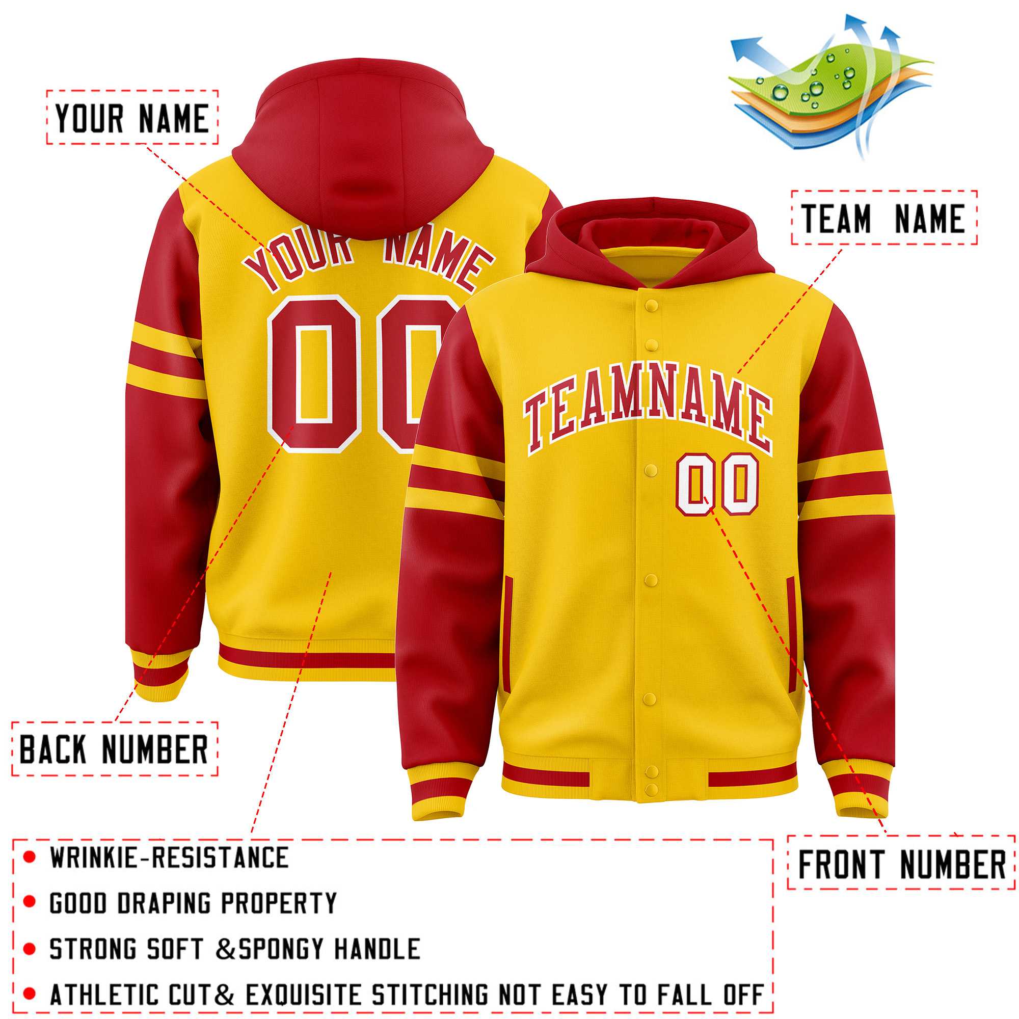 Custom Gold Red Raglan Sleeves Varsity Full-Snap Letterman Three Stripes Hoodie Jacket