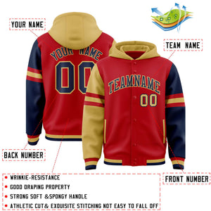 Custom Red Old Gold-Navy Raglan Sleeves Varsity Full-Snap Letterman Three Stripes Hoodie Jacket