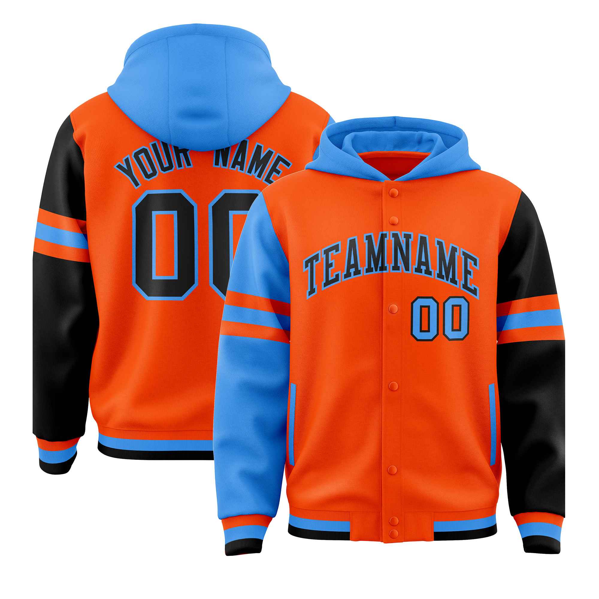 Custom Orange Powder Blue-Black Raglan Sleeves Varsity Full-Snap Letterman Three Stripes Hoodie Jacket