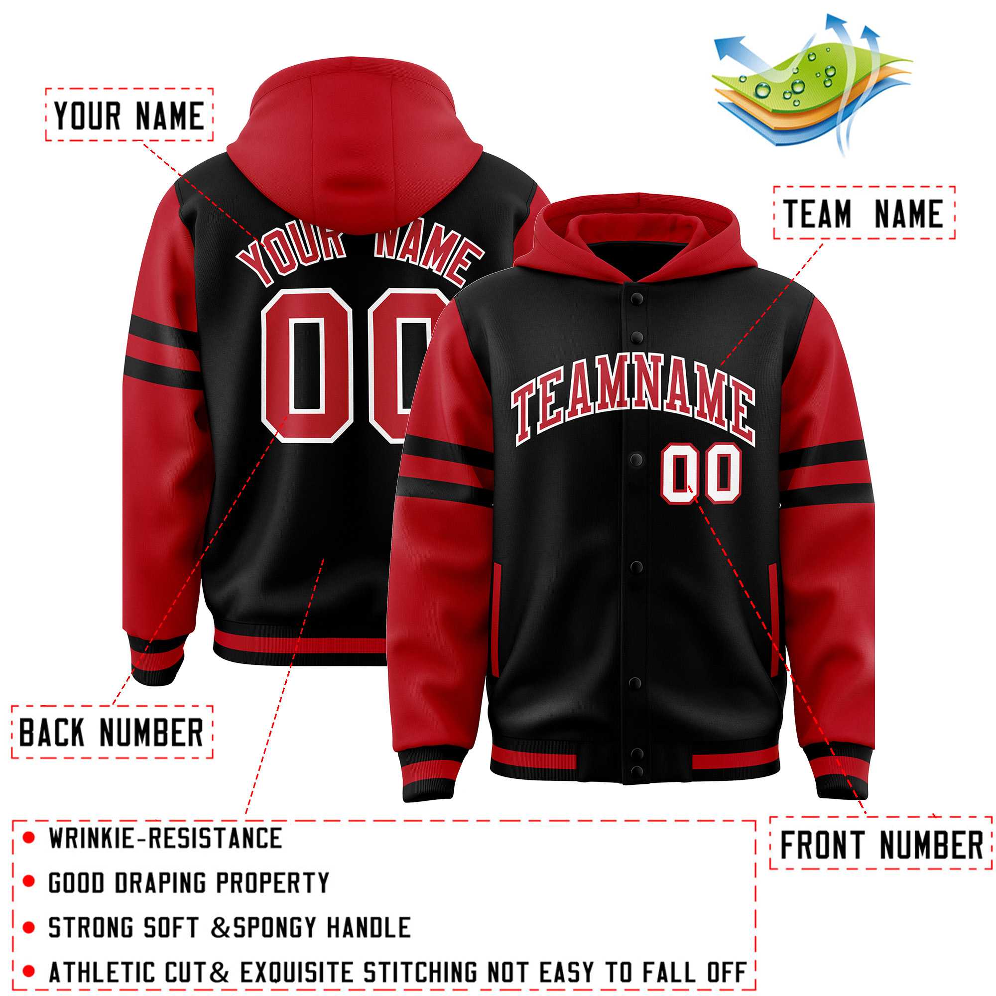 Custom Black Red Raglan Sleeves Varsity Full-Snap Letterman Three Stripes Hoodie Jacket