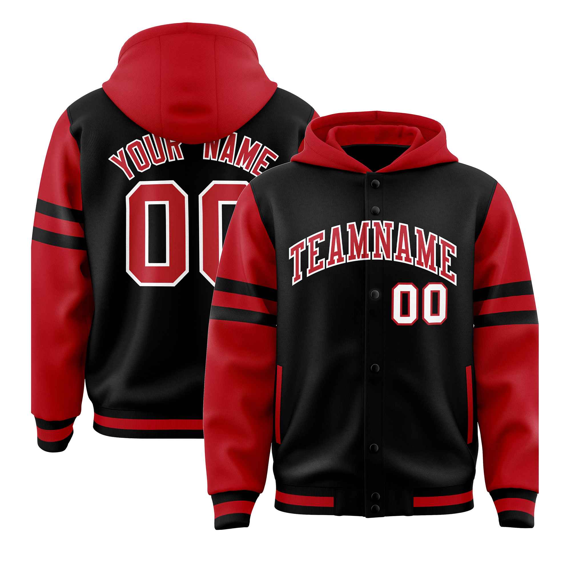 Custom Black Red Raglan Sleeves Varsity Full-Snap Letterman Three Stripes Hoodie Jacket