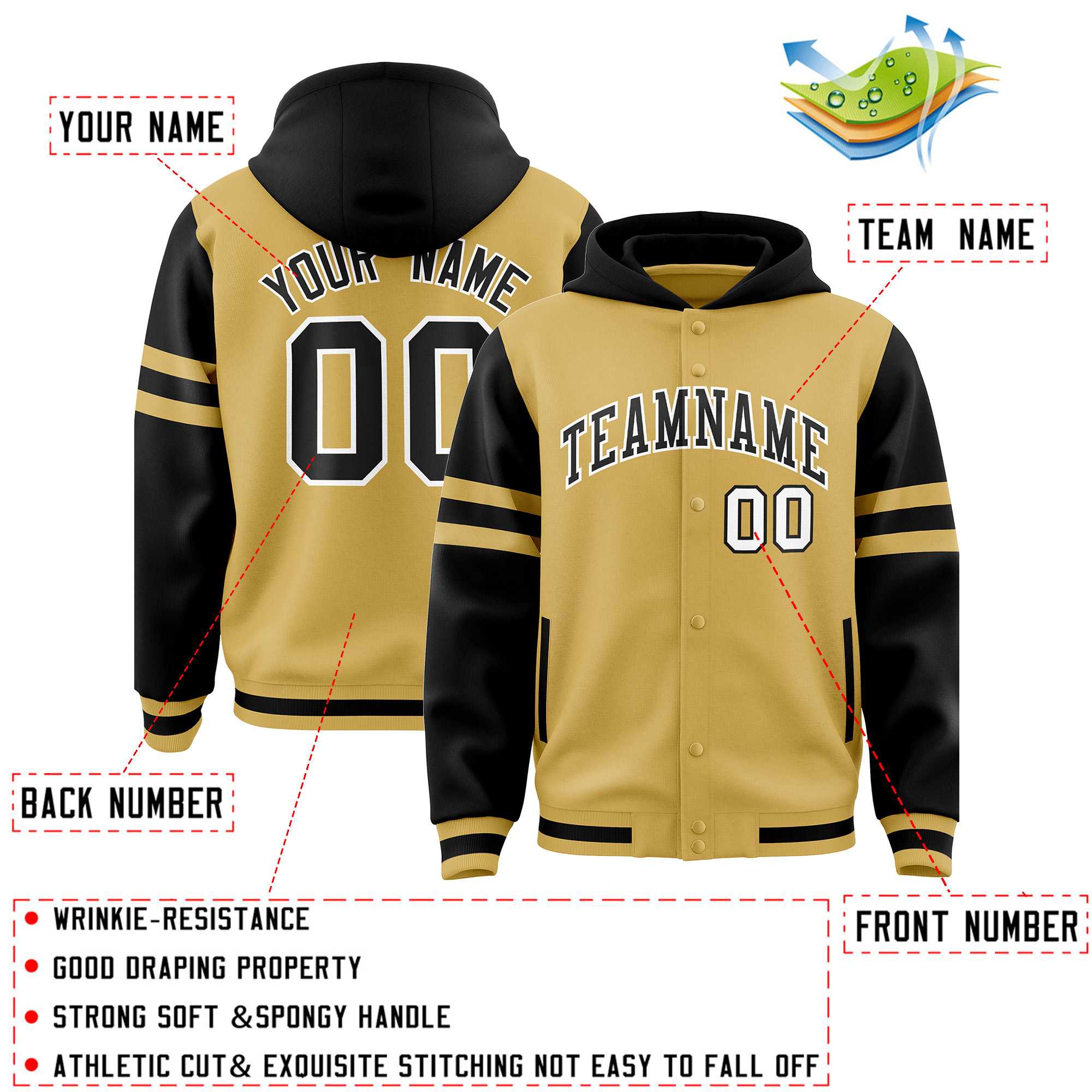 Custom Old Gold Black Raglan Sleeves Varsity Full-Snap Letterman Three Stripes Hoodie Jacket