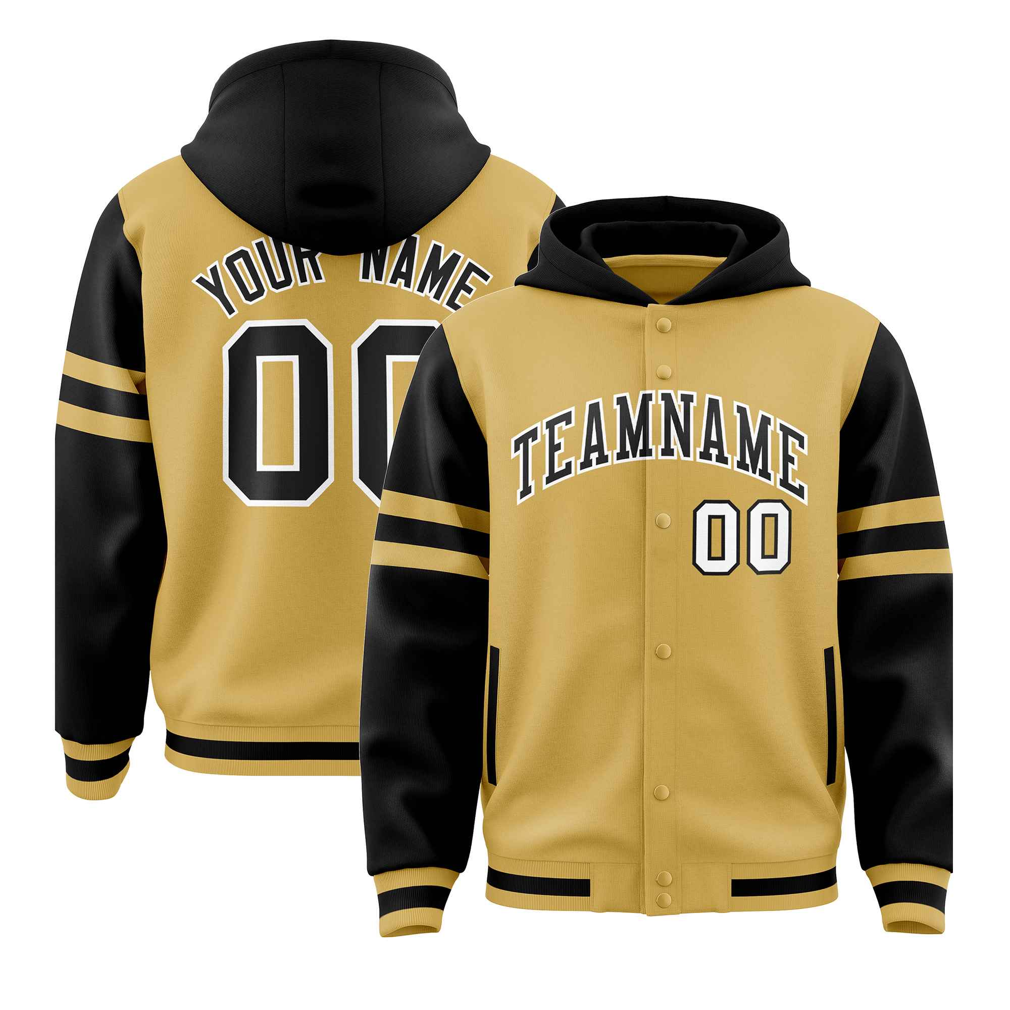 Custom Old Gold Black Raglan Sleeves Varsity Full-Snap Letterman Three Stripes Hoodie Jacket