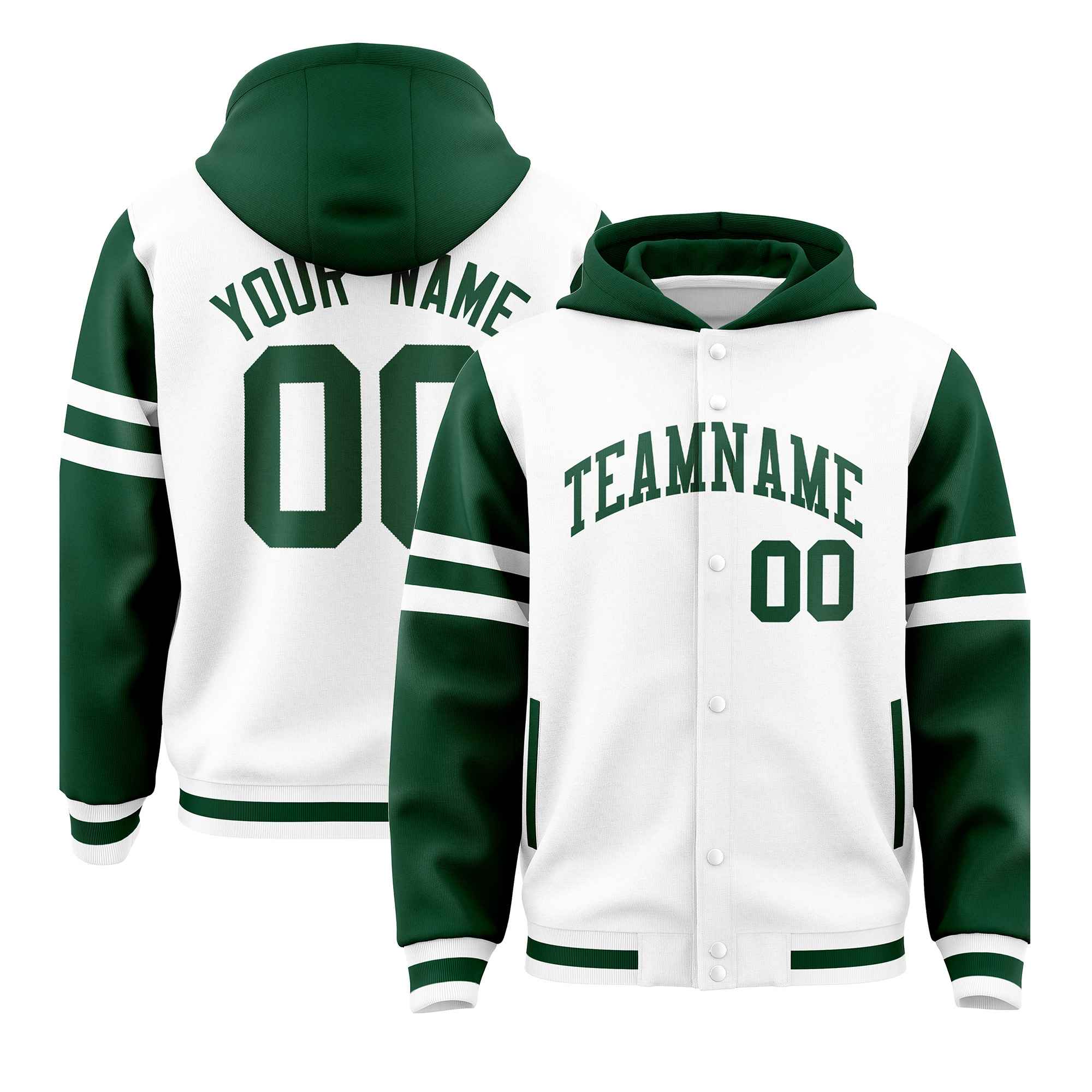 Custom White Green Raglan Sleeves Varsity Full-Snap Letterman Three Stripes Hoodie Jacket