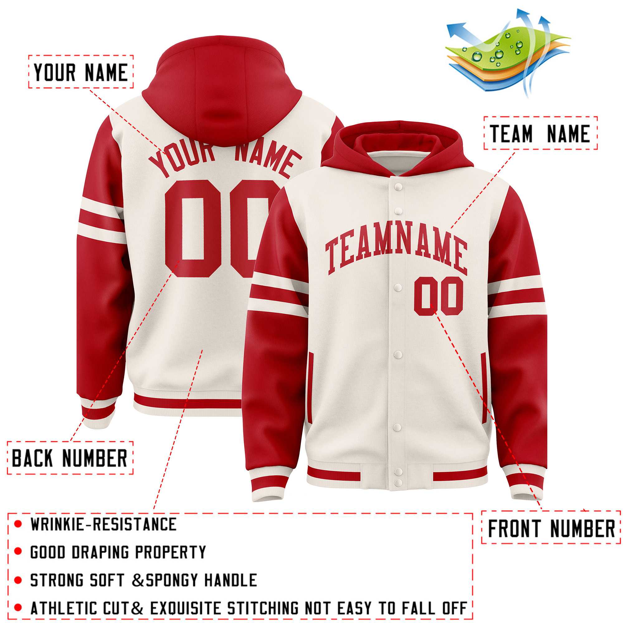 Custom Cream Red Raglan Sleeves Varsity Full-Snap Letterman Three Stripes Hoodie Jacket