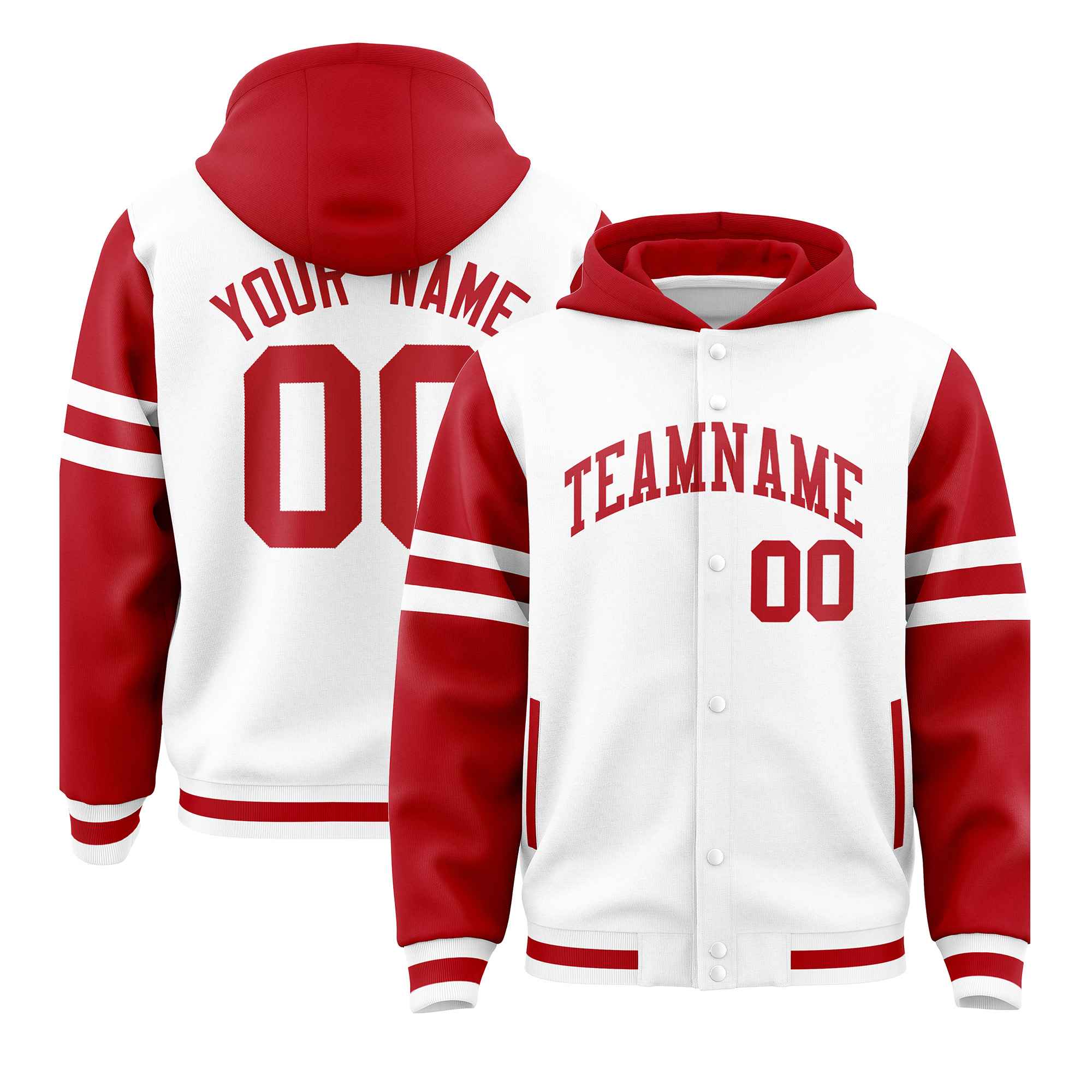 Custom White Red Raglan Sleeves Varsity Full-Snap Letterman Three Stripes Hoodie Jacket