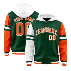 Custom Green White-Orange Raglan Sleeves Varsity Full-Snap Letterman Three Stripes Hoodie Jacket