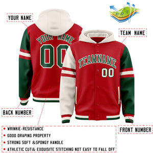 Custom Red Cream-Green Raglan Sleeves Varsity Full-Snap Letterman Three Stripes Hoodie Jacket