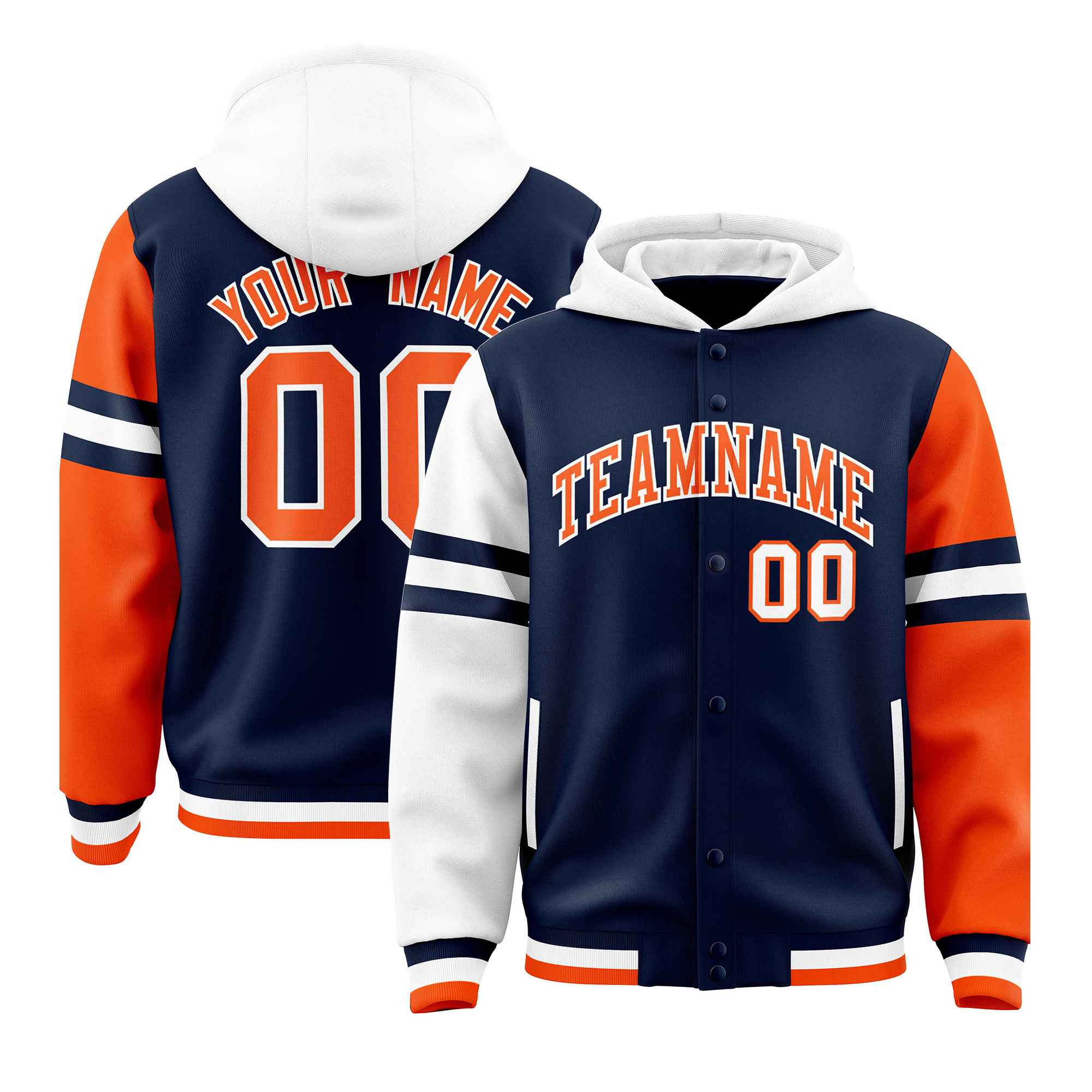 Custom Navy White-Orange Raglan Sleeves Varsity Full-Snap Letterman Three Stripes Hoodie Jacket