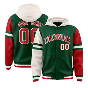 Custom Green Cream-Red Raglan Sleeves Varsity Full-Snap Letterman Three Stripes Hoodie Jacket