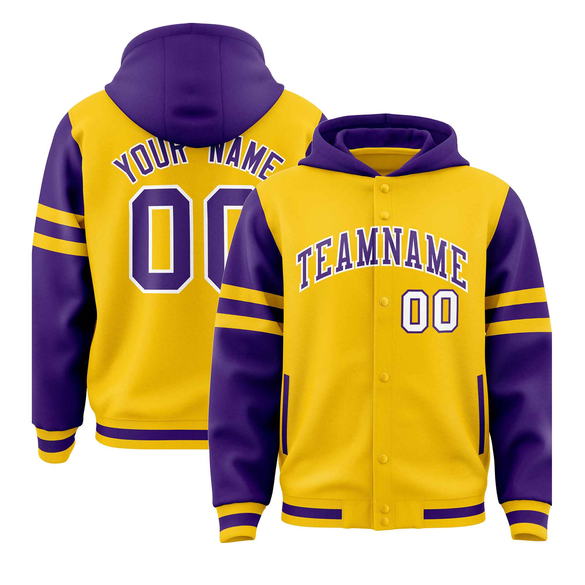 Custom Gold Purple Raglan Sleeves Varsity Full-Snap Letterman Three Stripes Hoodie Jacket