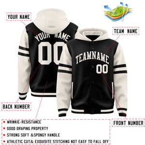 Custom Black Cream Raglan Sleeves Varsity Full-Snap Letterman Three Stripes Hoodie Jacket