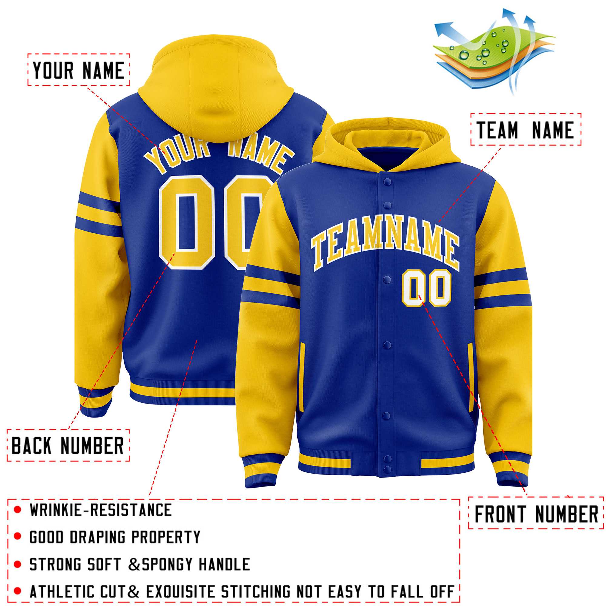 Custom Royal Gold Raglan Sleeves Varsity Full-Snap Letterman Three Stripes Hoodie Jacket