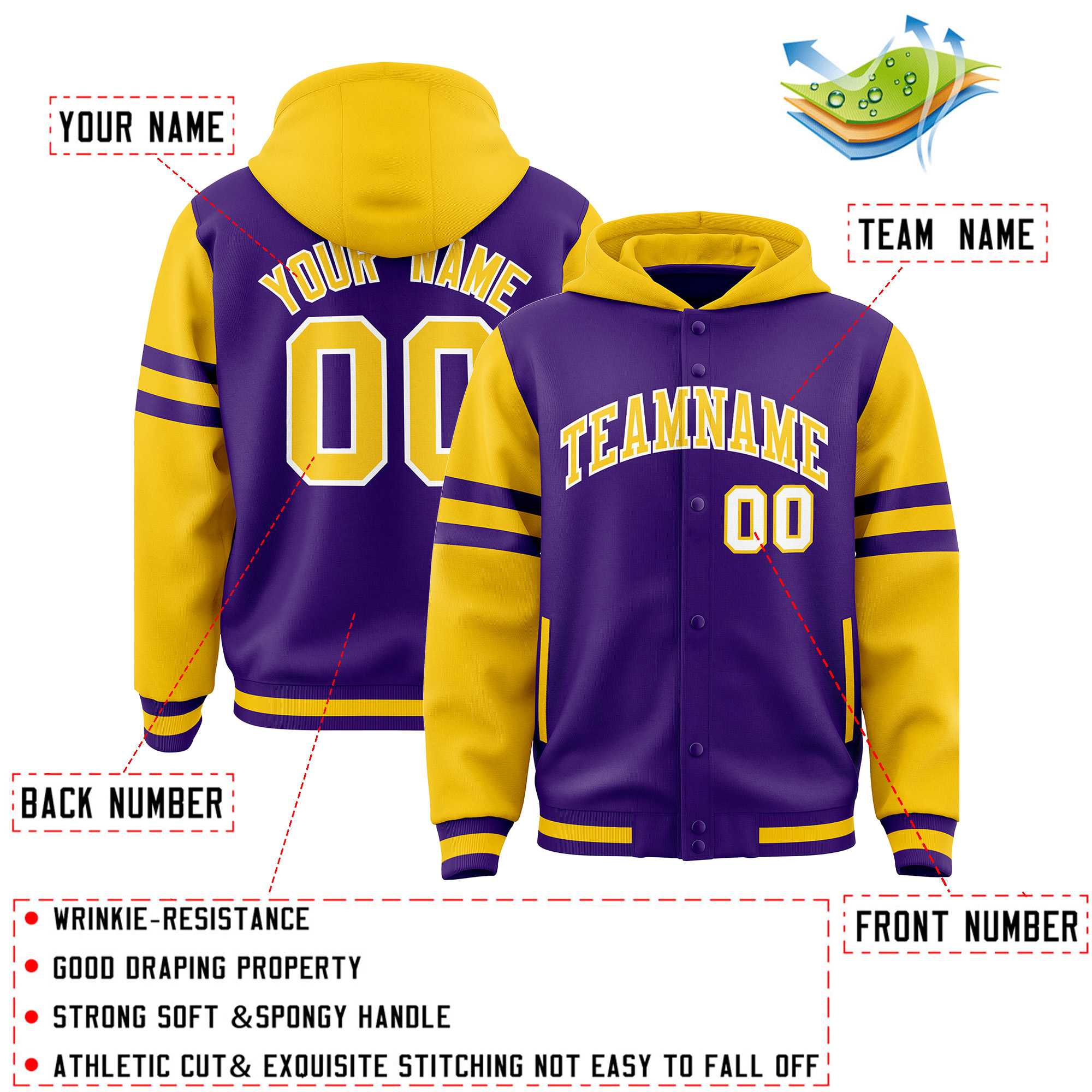 Custom Purple Gold Raglan Sleeves Varsity Full-Snap Letterman Three Stripes Hoodie Jacket