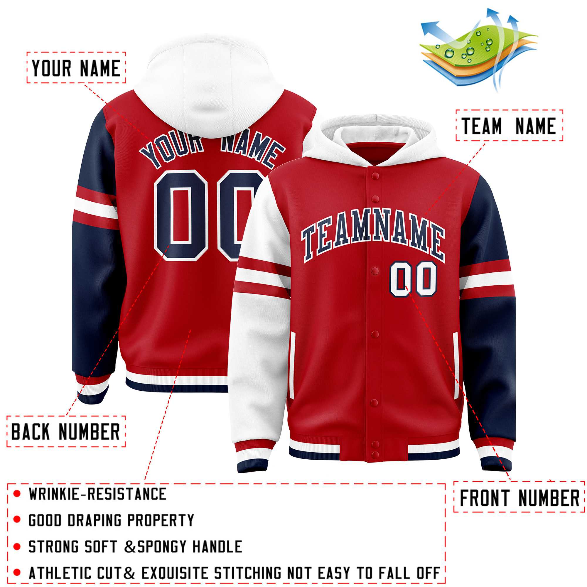 Custom Red White-Navy Raglan Sleeves Varsity Full-Snap Letterman Three Stripes Hoodie Jacket