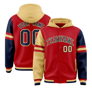 Custom Red Old Gold-Navy Raglan Sleeves Varsity Full-Snap Letterman Three Stripes Hoodie Jacket