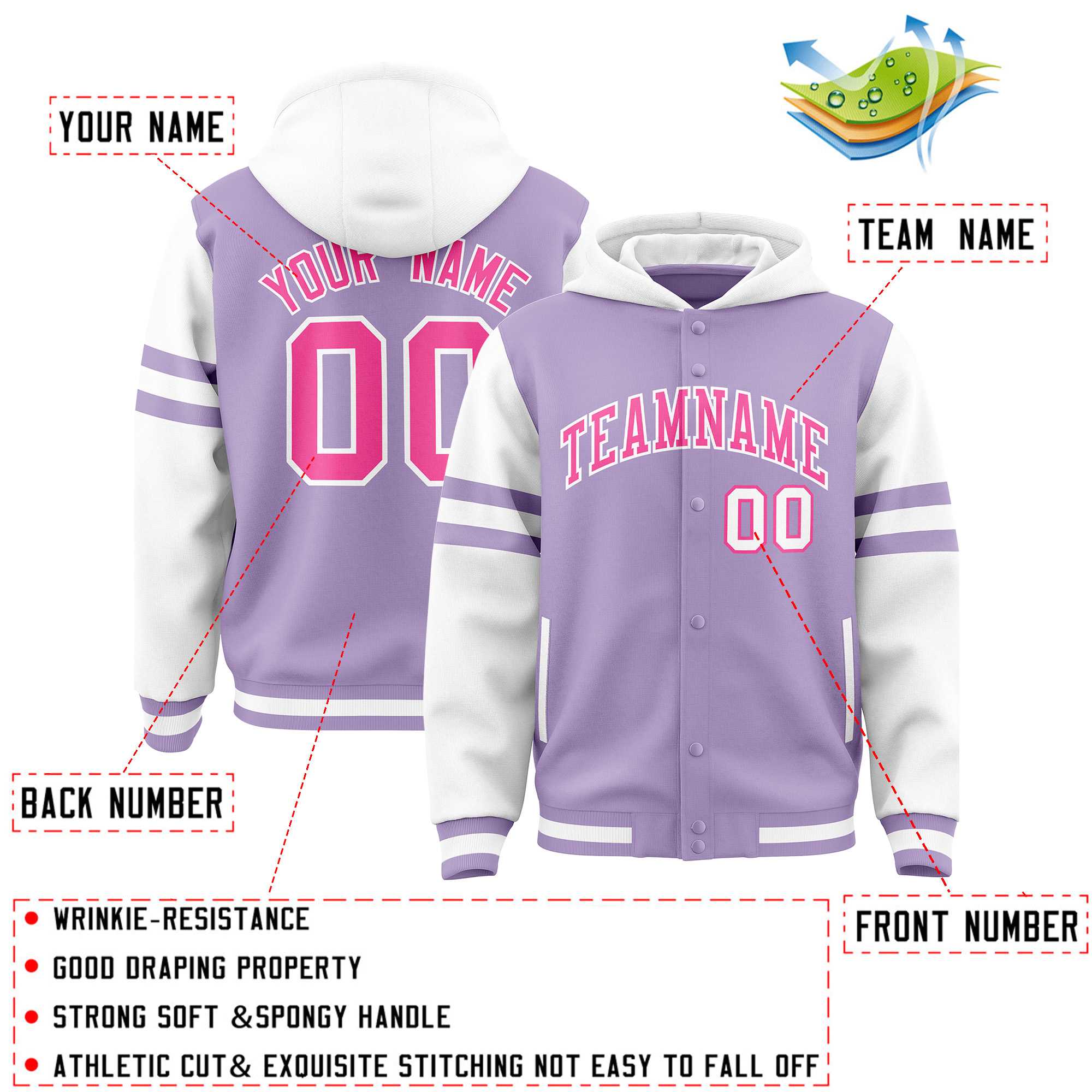 Custom Light Purple White Raglan Sleeves Varsity Full-Snap Letterman Three Stripes Hoodie Jacket