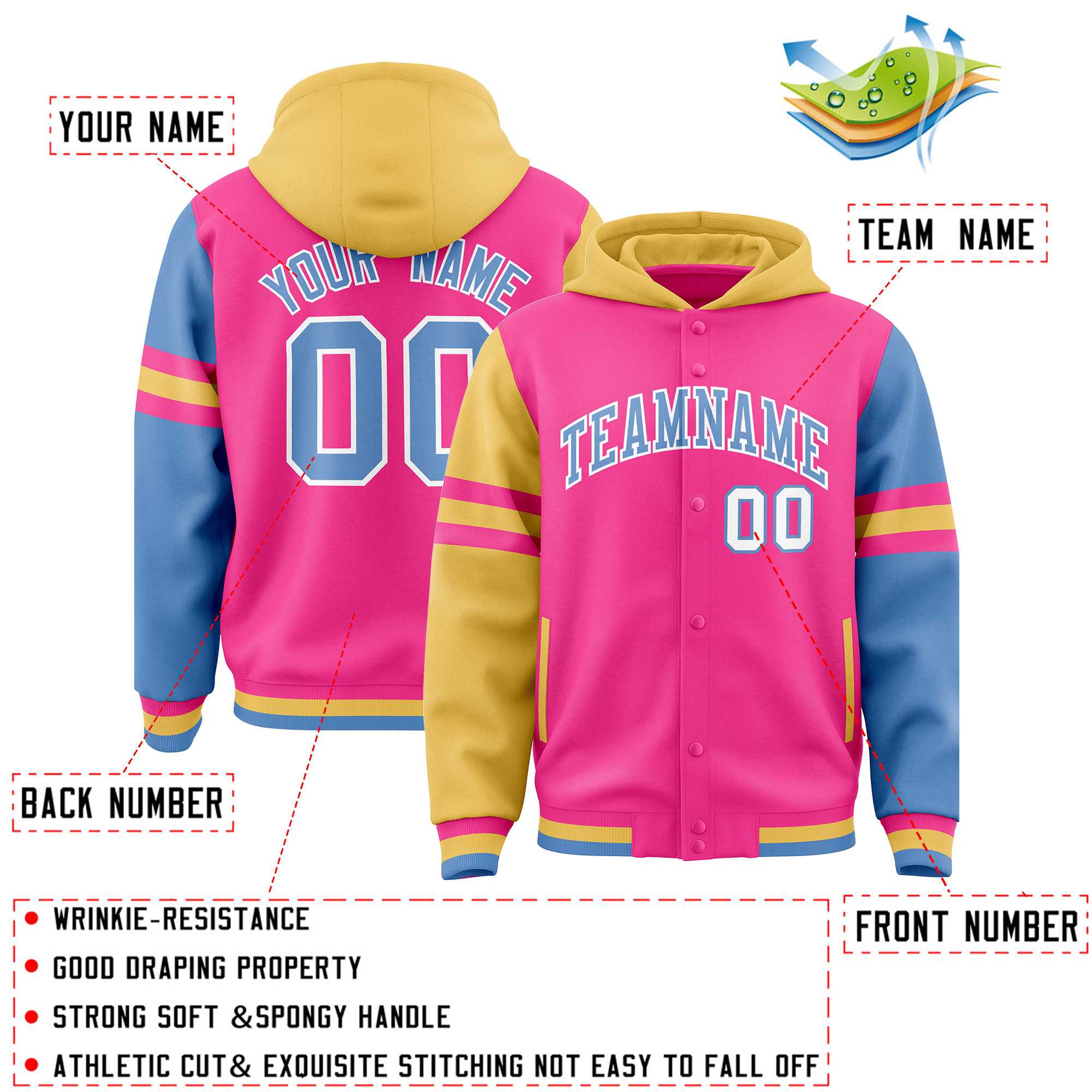 Custom Pink Khaki-Light Blue Raglan Sleeves Varsity Full-Snap Letterman Three Stripes Hoodie Jacket