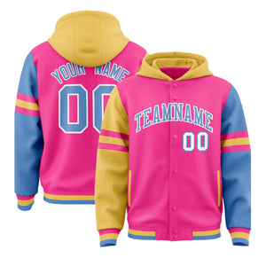 Custom Pink Khaki-Light Blue Raglan Sleeves Varsity Full-Snap Letterman Three Stripes Hoodie Jacket