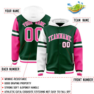 Custom Green White-Pink Raglan Sleeves Varsity Full-Snap Letterman Three Stripes Hoodie Jacket