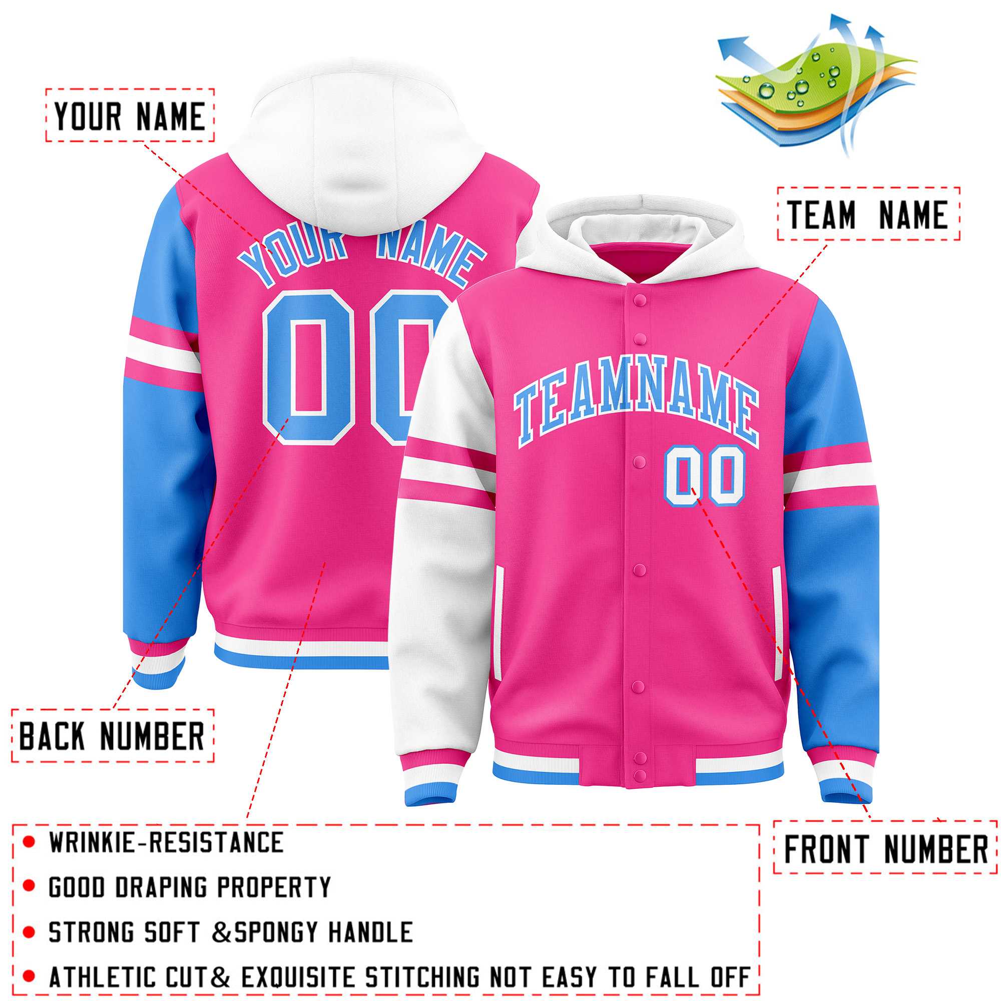 Custom Pink White-Powder Blue Raglan Sleeves Varsity Full-Snap Letterman Three Stripes Hoodie Jacket