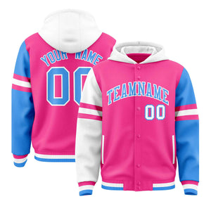 Custom Pink White-Powder Blue Raglan Sleeves Varsity Full-Snap Letterman Three Stripes Hoodie Jacket