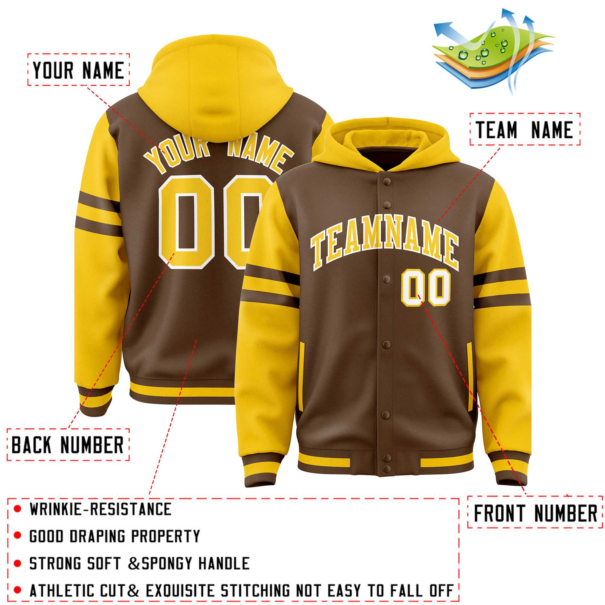 Custom Light Brown Gold Raglan Sleeves Varsity Full-Snap Letterman Three Stripes Hoodie Jacket