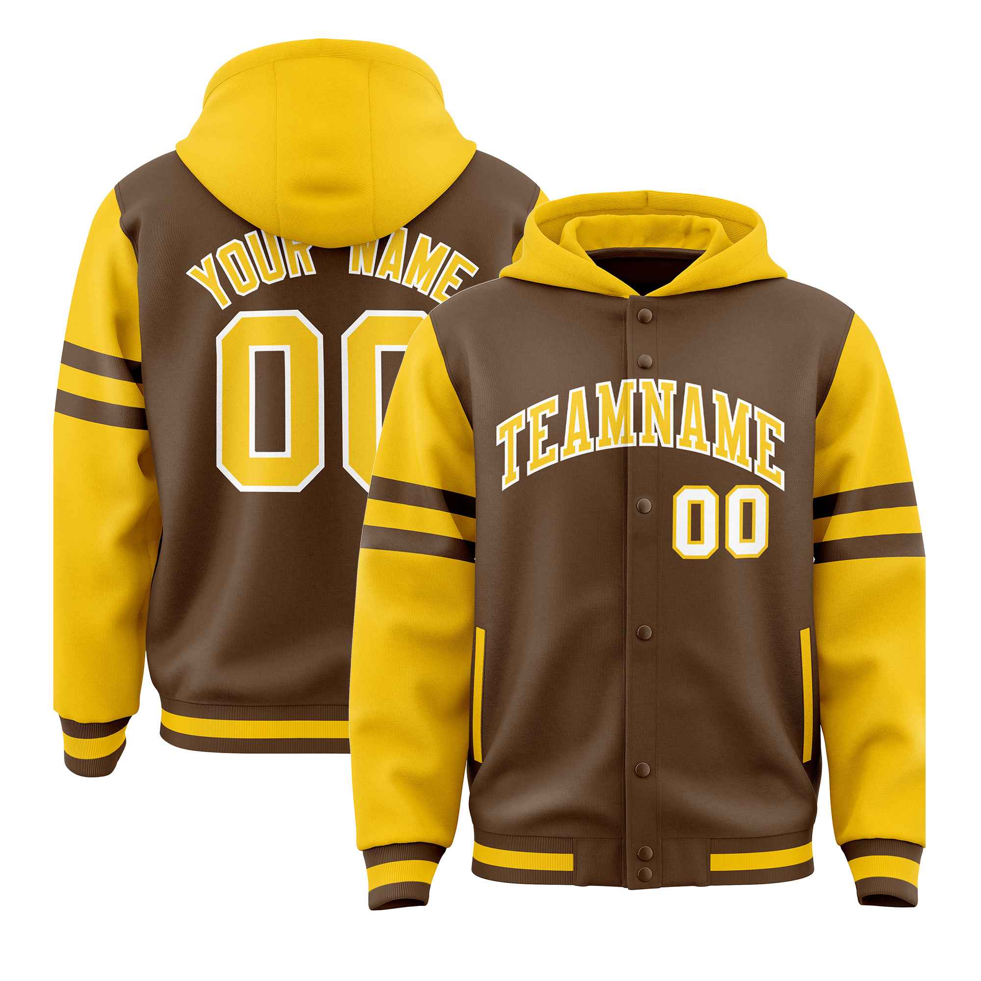 Custom Light Brown Gold Raglan Sleeves Varsity Full-Snap Letterman Three Stripes Hoodie Jacket