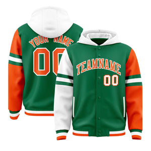 Custom Kelly Green White-Orange Raglan Sleeves Varsity Full-Snap Letterman Three Stripes Hoodie Jacket