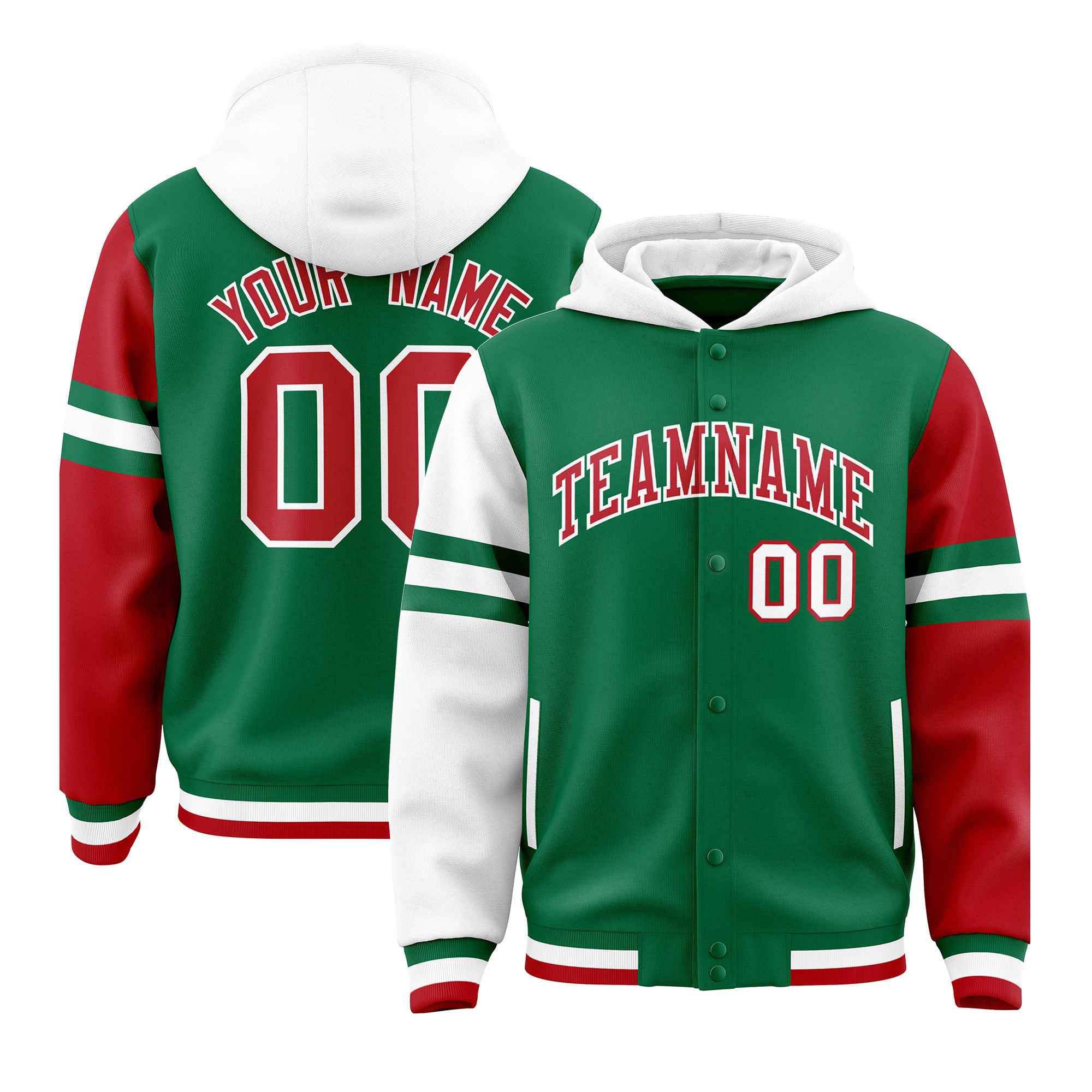 Custom Kelly Green White-Red Raglan Sleeves Varsity Full-Snap Letterman Three Stripes Hoodie Jacket