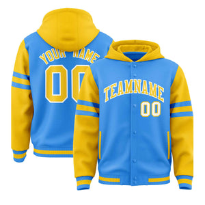 Custom Powder Blue Gold Raglan Sleeves Varsity Full-Snap Letterman Three Stripes Hoodie Jacket