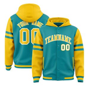 Custom Aqua Gold Raglan Sleeves Varsity Full-Snap Letterman Three Stripes Hoodie Jacket