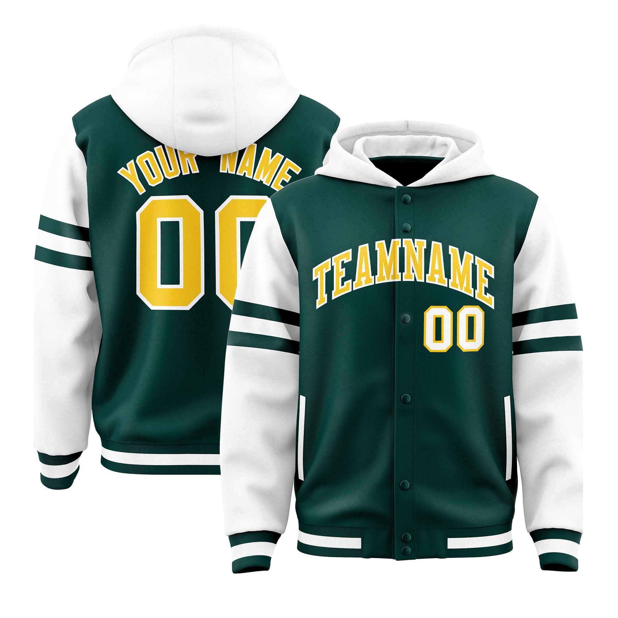 Custom Midnight Green White Raglan Sleeves Varsity Full-Snap Letterman Three Stripes Hoodie Jacket