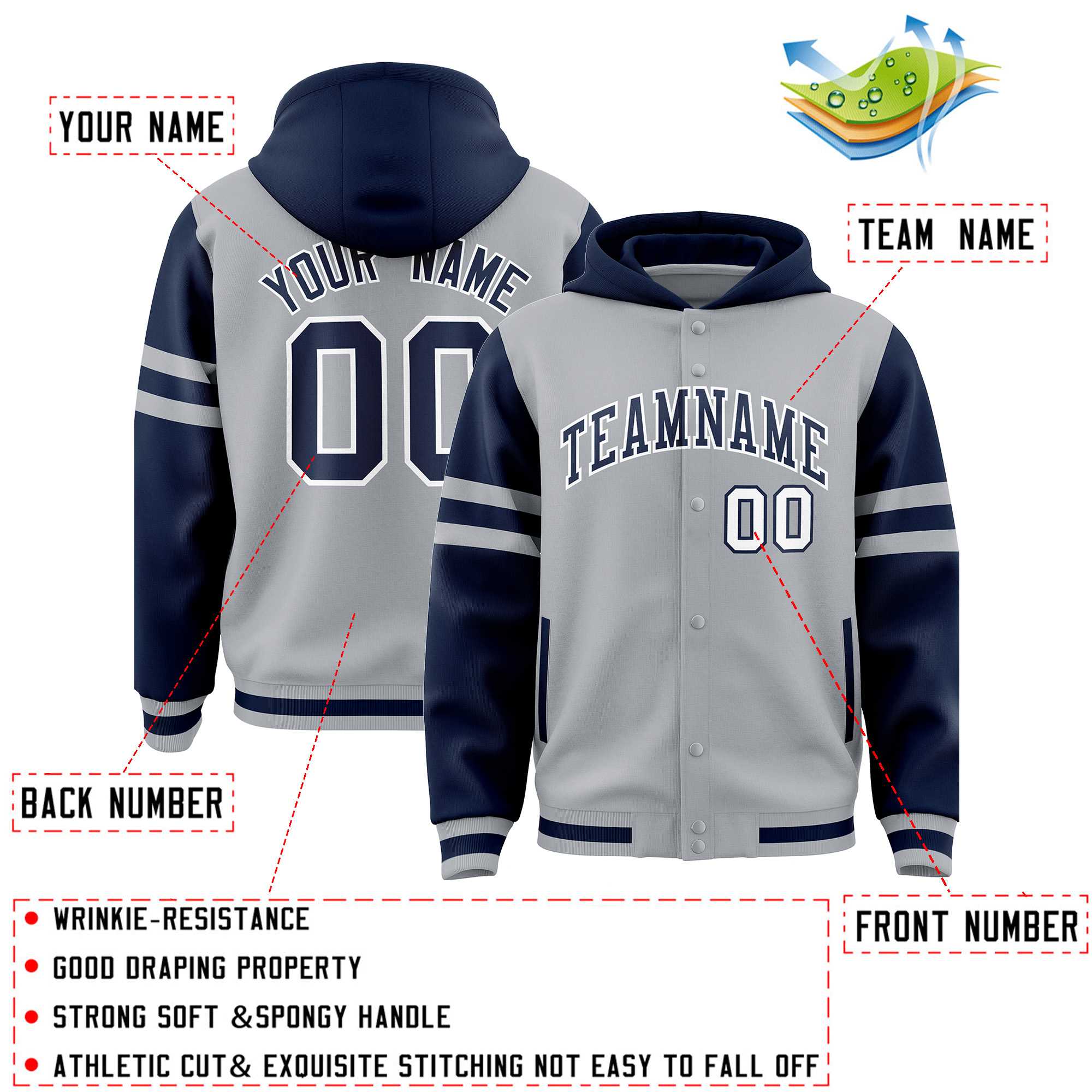 Custom Silver Navy Raglan Sleeves Varsity Full-Snap Letterman Three Stripes Hoodie Jacket