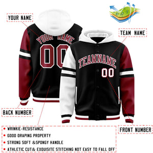 Custom Black White-Crimson Raglan Sleeves Varsity Full-Snap Letterman Three Stripes Hoodie Jacket