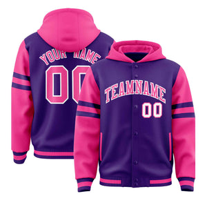 Custom Purple Pink Raglan Sleeves Varsity Full-Snap Letterman Three Stripes Hoodie Jacket