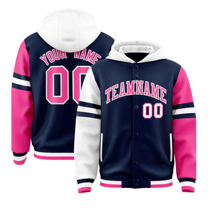 Custom Navy White-Pink Raglan Sleeves Varsity Full-Snap Letterman Three Stripes Hoodie Jacket